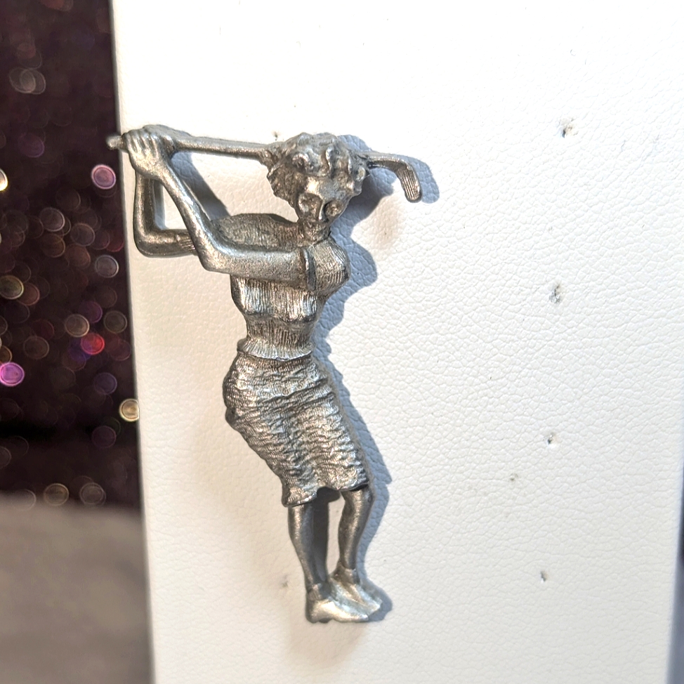 Jonette Jewelry Vintage Golf Woman Lapel Pin Silver Tone Metal Signed Jj Brooch 20$